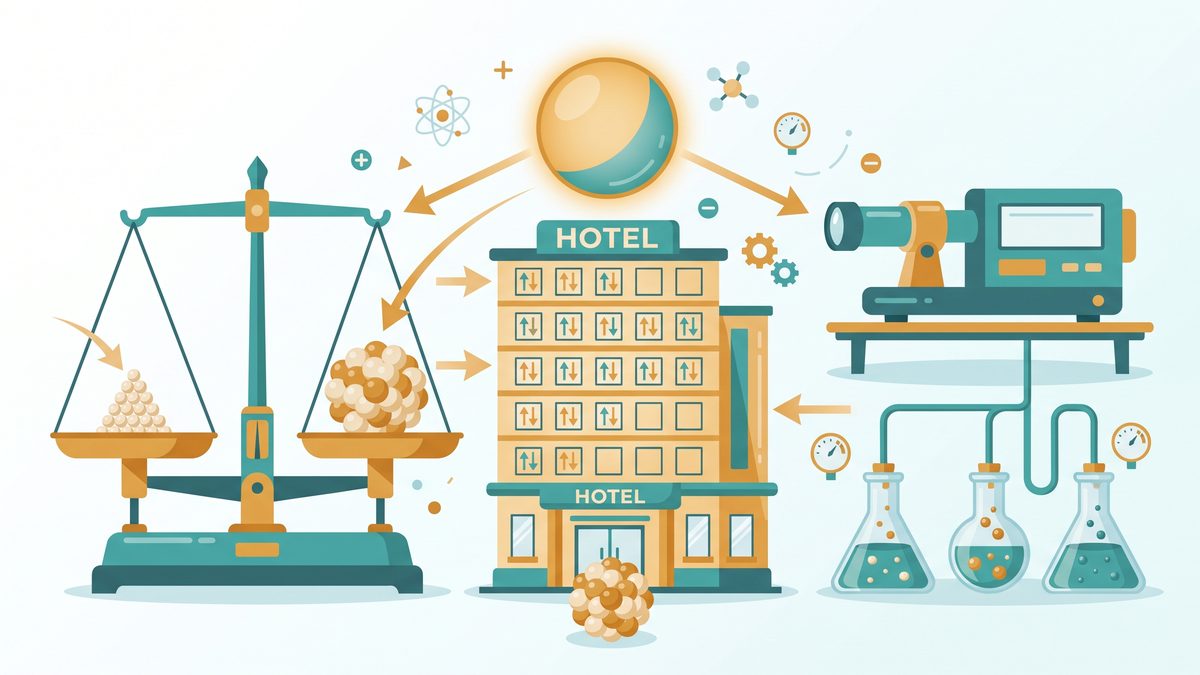 Ilustrasi model atom dengan kulit elektron bertingkat seperti lantai hotel dan kotak-kotak orbital berisi panah elektron