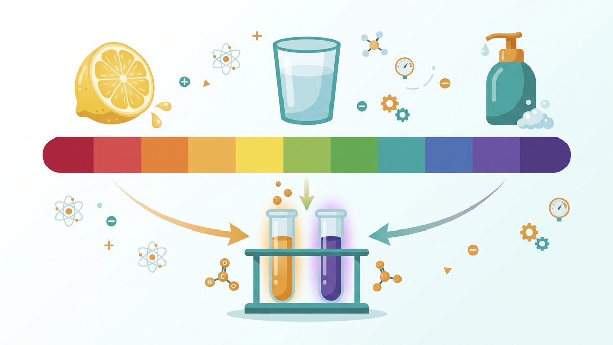 Ilustrasi skala pH berwarna pelangi dari merah (asam) ke ungu (basa) dengan jeruk lemon, gelas air, dan botol sabun
